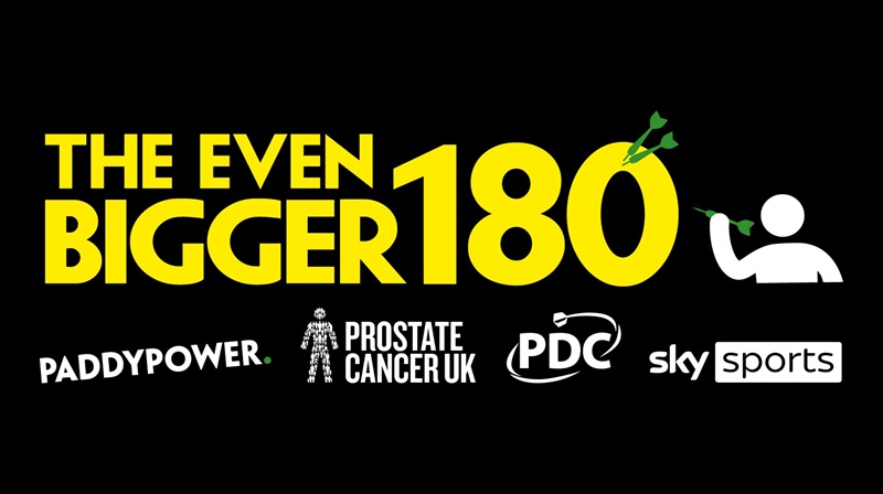 THE EVEN BIGGER 180 in yellow text on a black background, with the PaddyPower, Prostate Cancer UK, PDC and Sky Sports logos