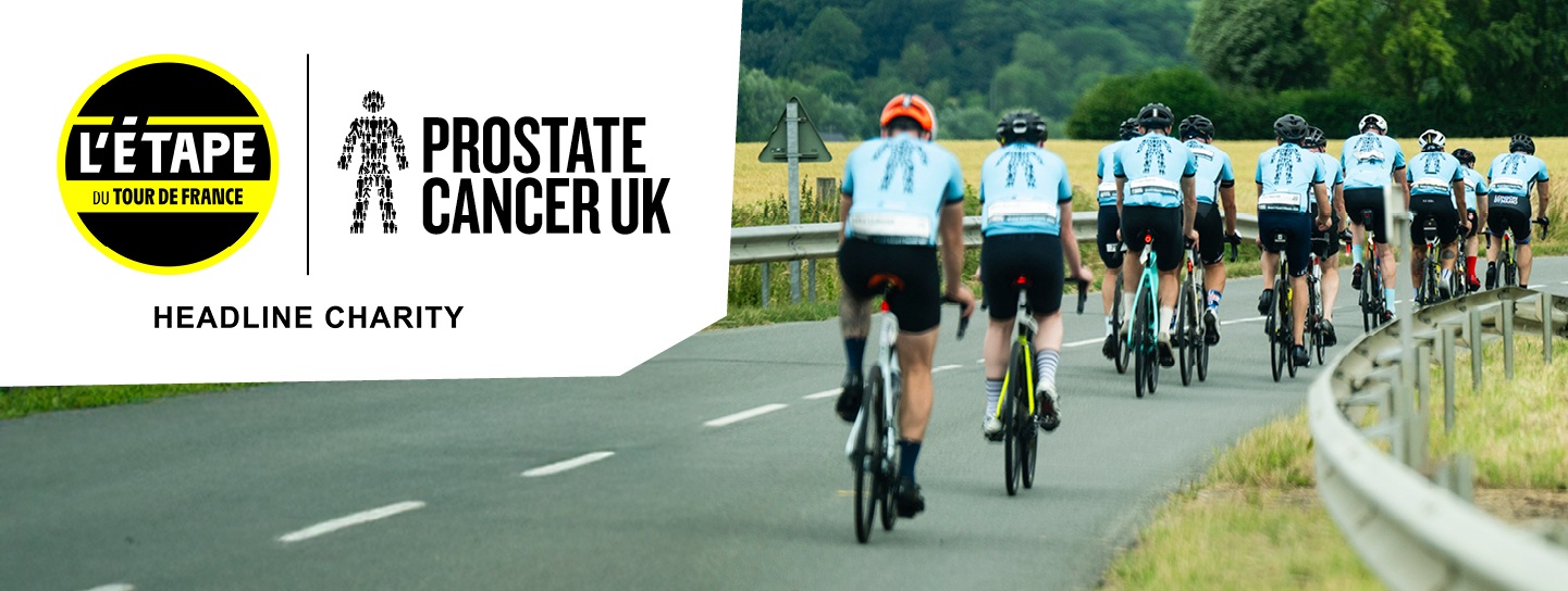 A group of cyclists riding along a rode with the text 'headline charity' next to the L'Etape Du Tour de France and PCUK logos