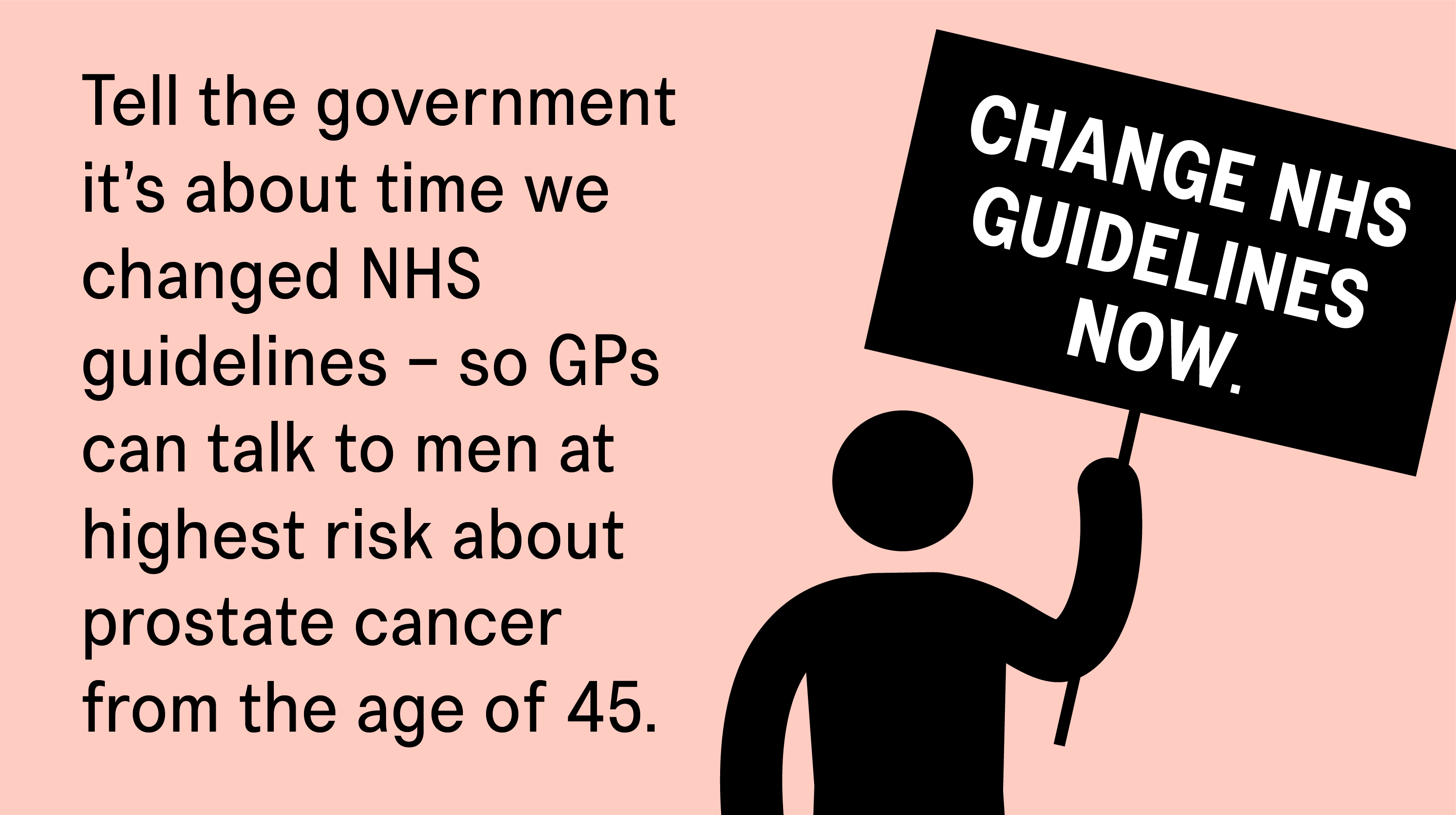 An illustration of a man holding up a placard calling for NHS guidelines to change now.