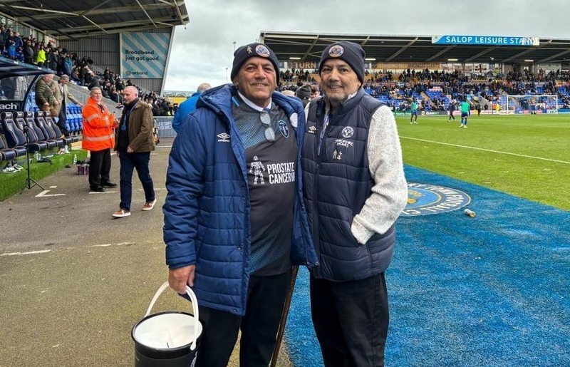 Dave and Pete Cossie collecting cash donations at Shrewsbury Town Football Club