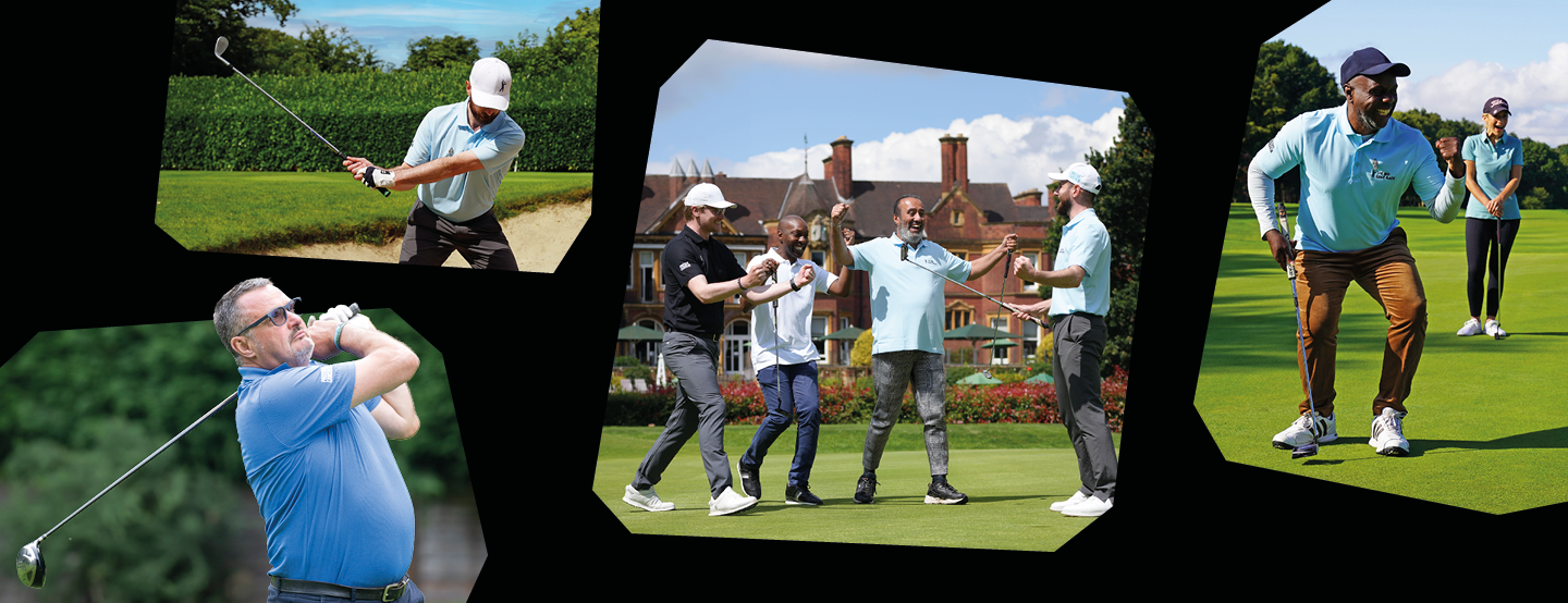 Four photos of men playing golf while celebrating and punching the air.