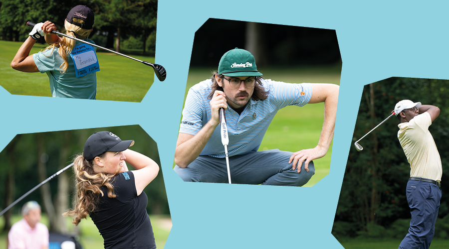 Four photos of men and women playing golf and wearing golf clothing and caps.
