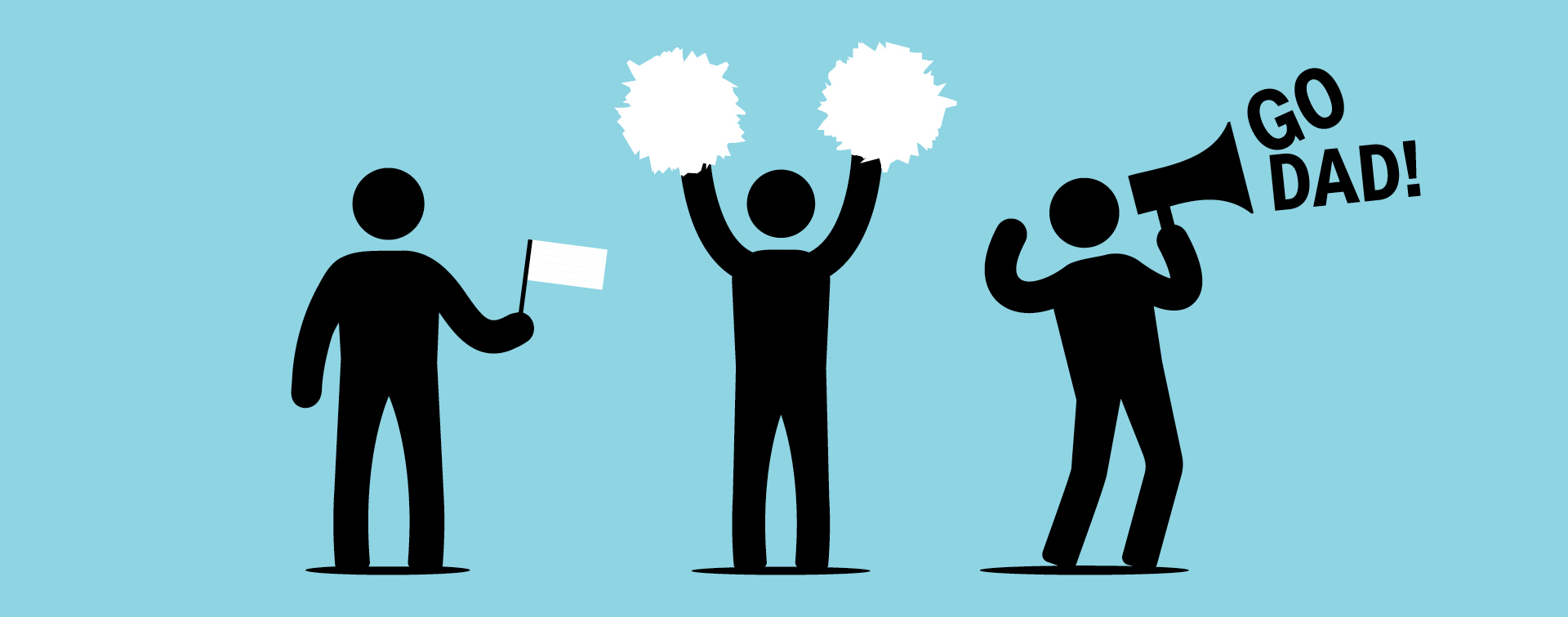 Three man icons holding cheering props, with a blue background