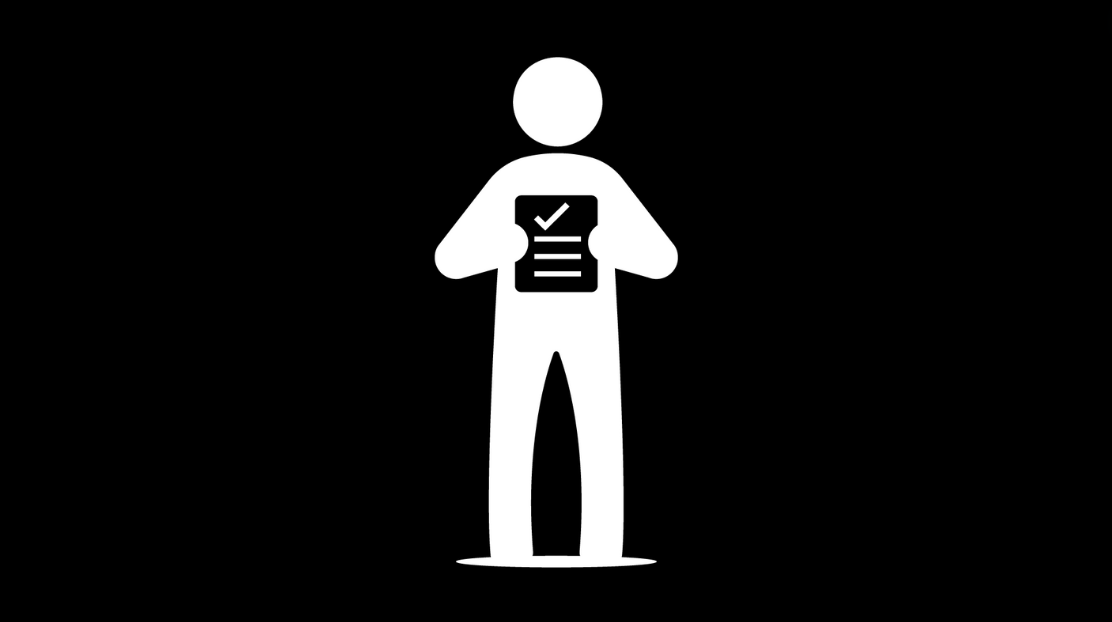 A man icon holding a clipboard, on a black background