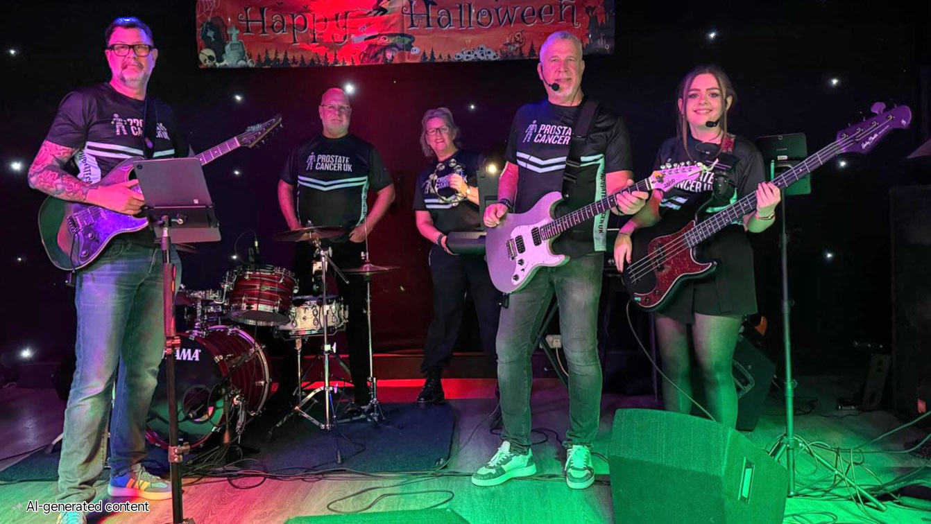 A band standing on a stage and holding instruments, wearing Prostate Cancer UK tee-shirts