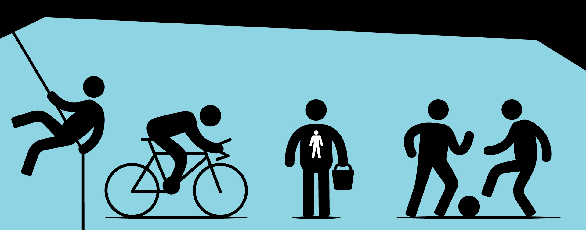 Four man icons taking part in fundraising activities, with a blue background