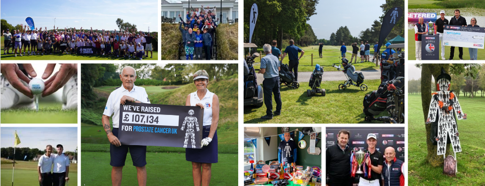 Collage of charity golf days, professional tournaments and The Big Golf Race in aid of Prostate Cancer UK