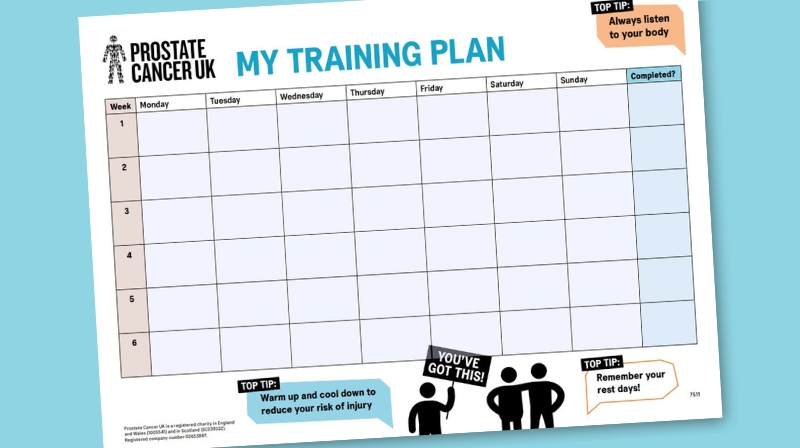 A print-out of the Prostate Cancer UK Training Plan on a blue background