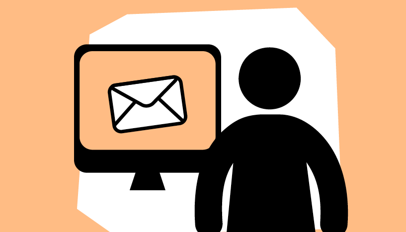 A man icon looking at a computer screen which is displaying an envelope icon, with an orange background