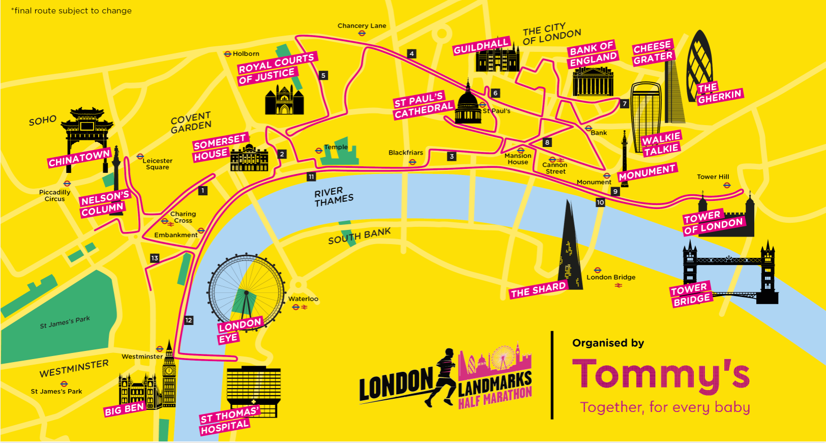 London Landmarks Half-Marathon Route Map.
