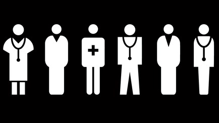 A infographic of white figures of medical professionals on a black background
