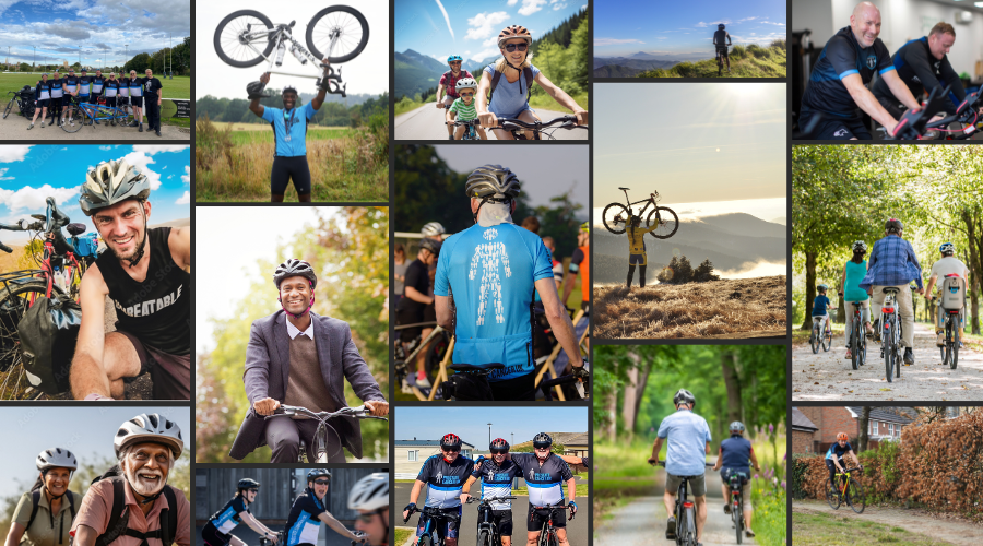 A collage showing lots of different images of cyclists wearing blue and black Prostate Cancer UK clothing