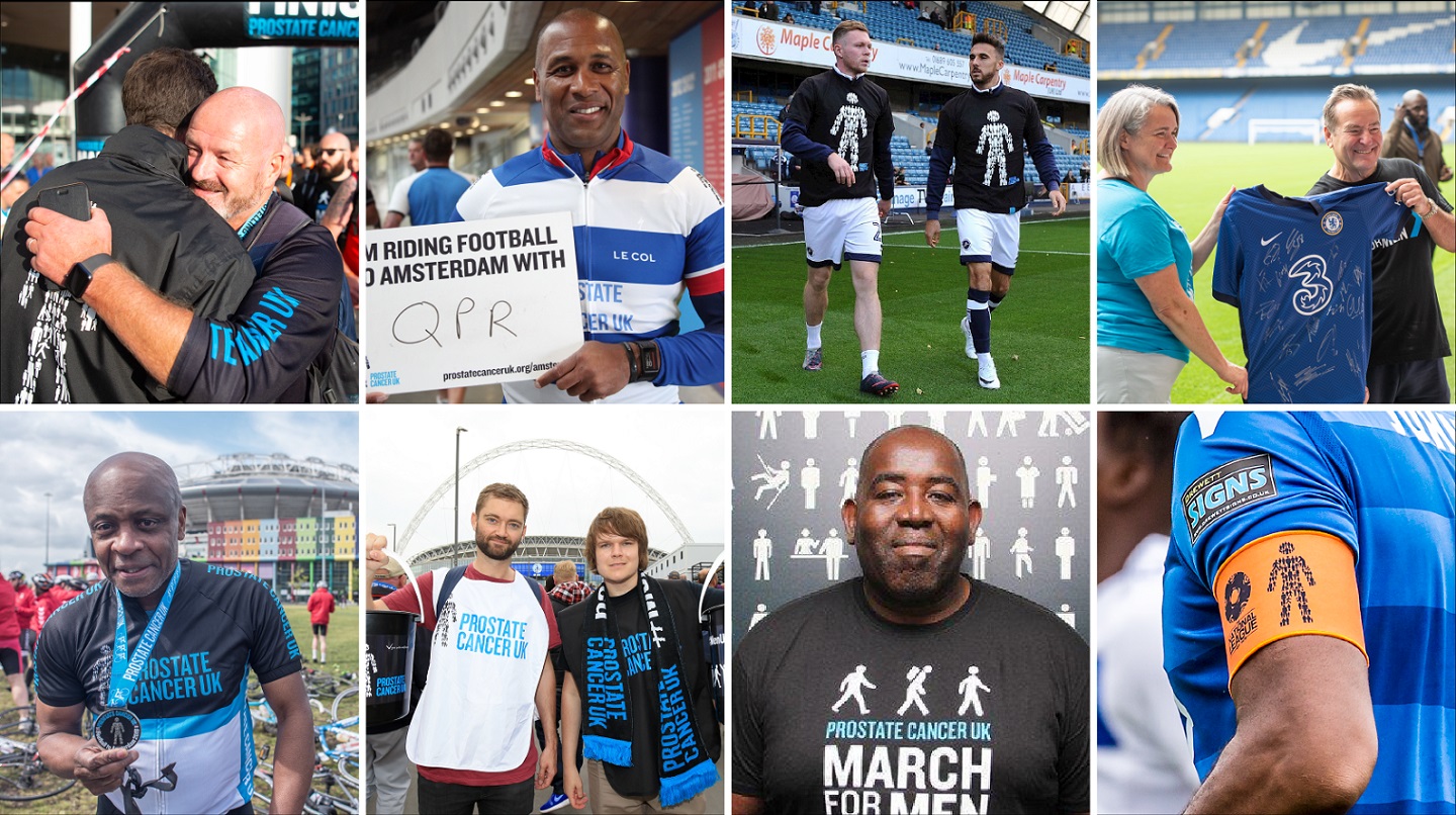 A collage of eight photos of people getting involved in activities for Prostate Cancer UK