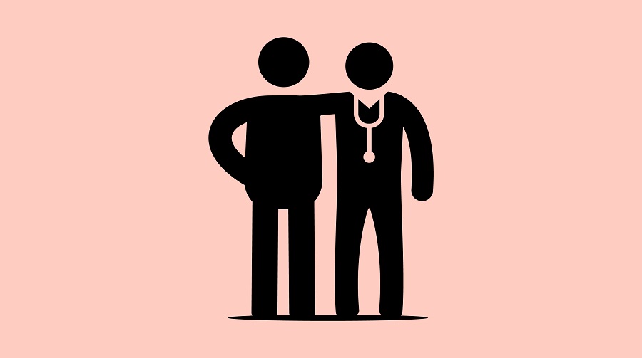 An illustration showing two man figures standing arm in arm, one with a doctor's stethoscope around his neck.
