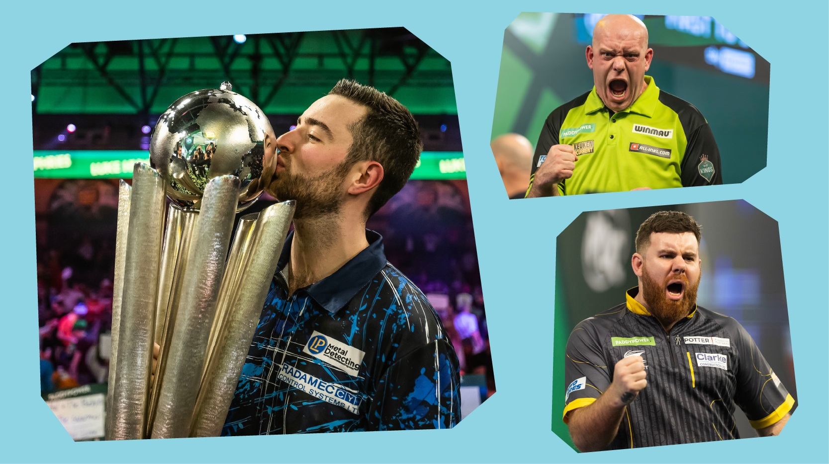 A collage of darts players punching the year in celebration at the 2023 World Darts Championship
