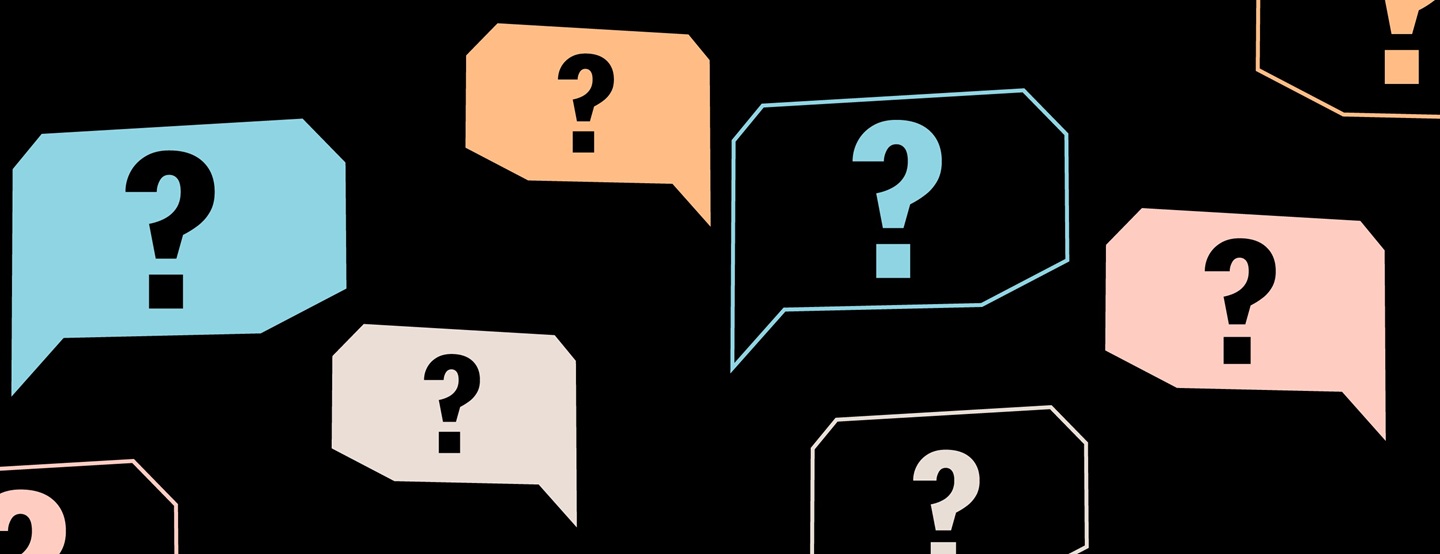 A black background with different coloured speech bubbles containing question marks