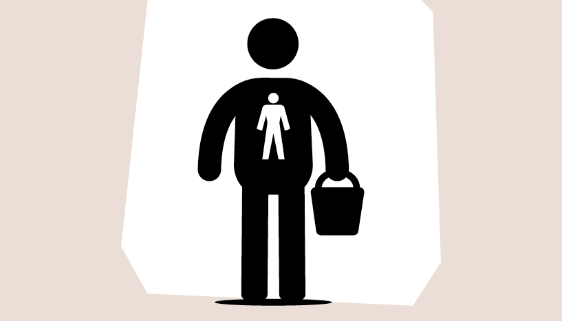 A man icon wearing a Prostate Cancer UK 'Man of Men' icon, holding a bucket, with a pink background