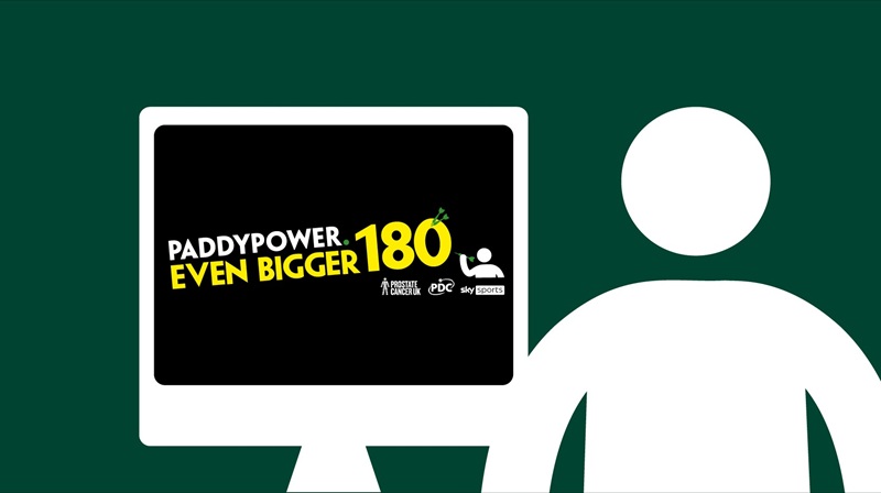 A man icon looking at a PC screen showing the text 'PaddyPower THE EVEN BIGGER 180'