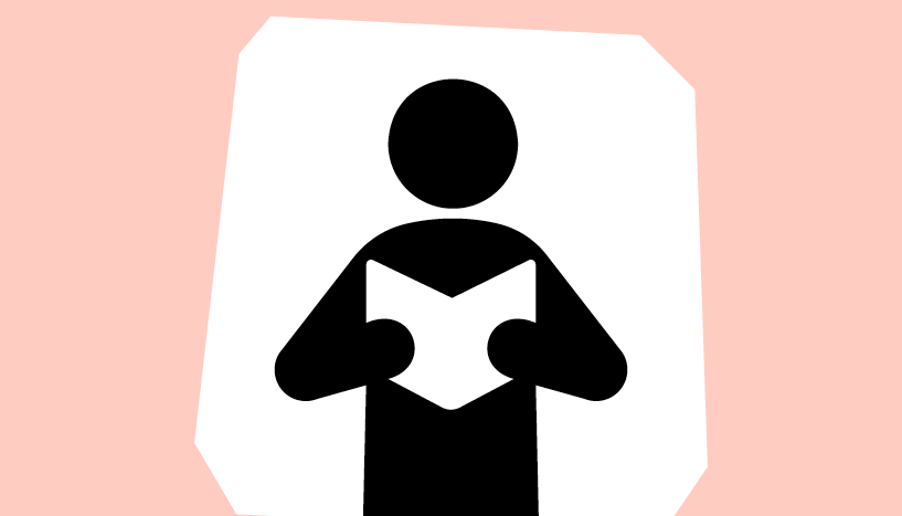 A man icon holding a leaflet, in front of a pink background